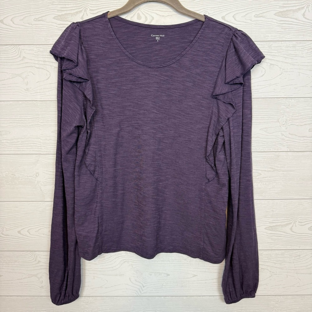 Garnet Hill Purple Tencel Ruffle Long Sleeve Blouse Size Small